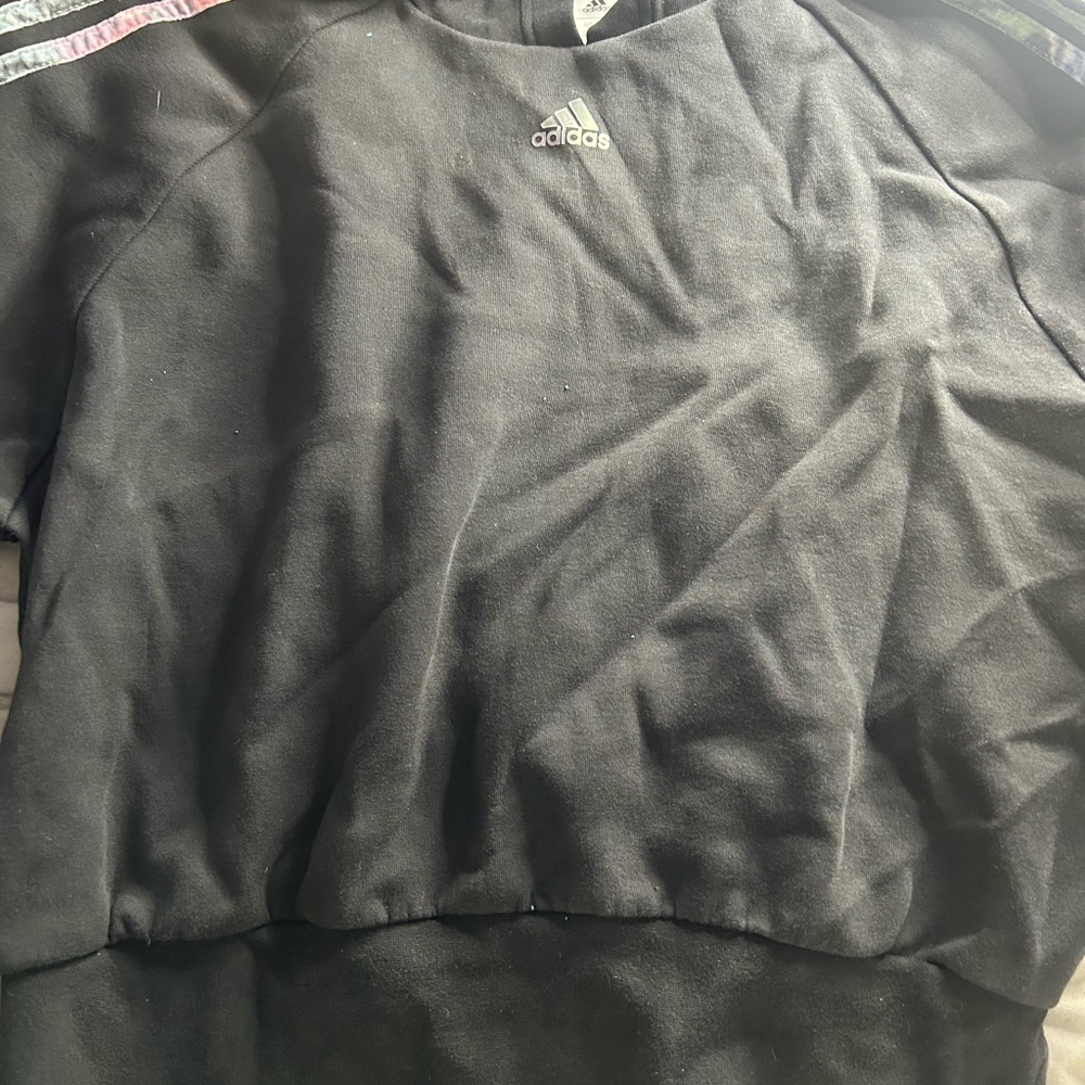 Adidas Cropped Hoodie - Iridescent Holographic Logo - Rainbow 3-Stripe Sleeves L
